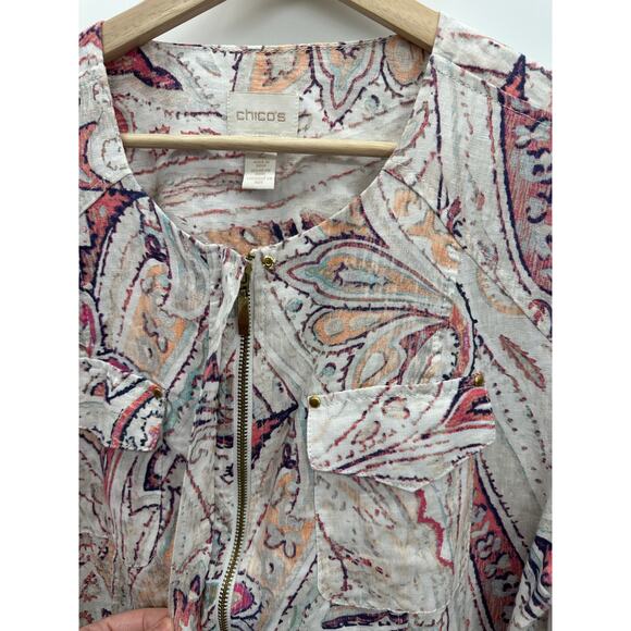Chico's Jacket Women Large Full Zip Pink Paisley Linen Boxy Pocket Artsy Unique - Picture 4 of 9